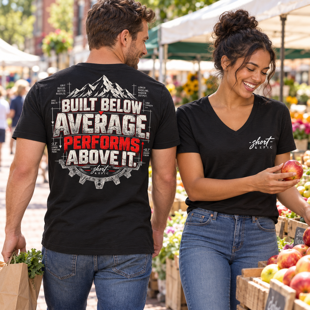 Built Below Average. Performs Above It. – Graphic V-Neck Tee – -short ...