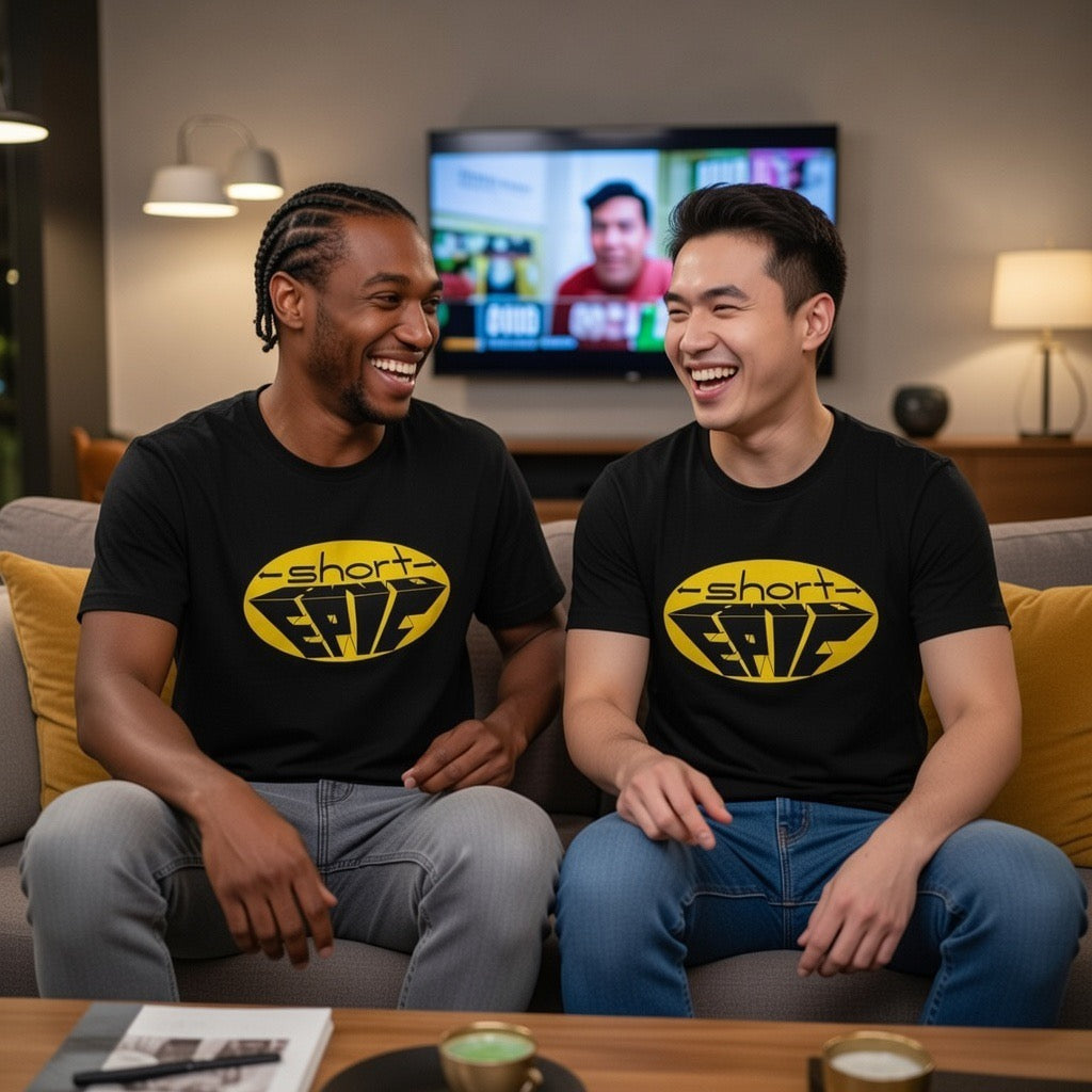 -short- and EPIC logo in yellow tee