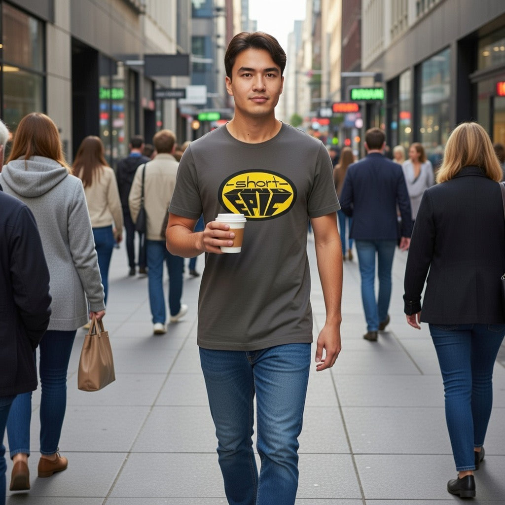 -short- and EPIC logo in yellow tee