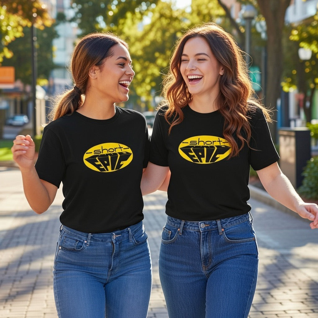 -short- and EPIC logo in yellow tee