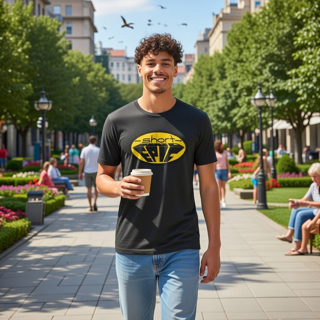 -short- and EPIC logo in yellow tee