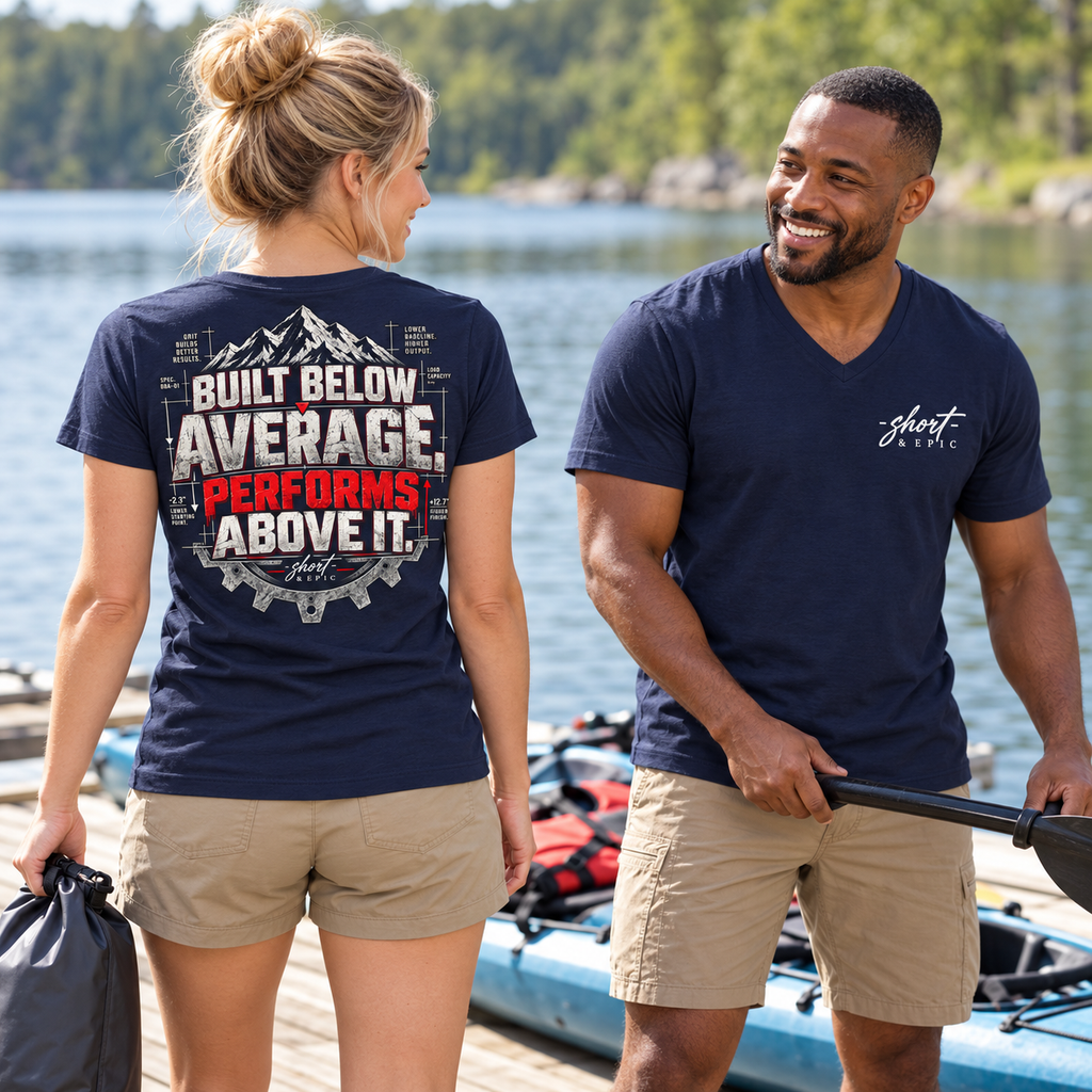 Built Below Average. Performs Above It. – Graphic V-Neck Tee – -short ...