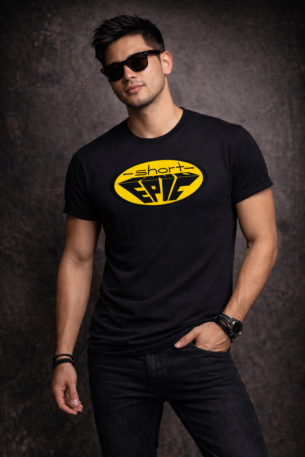 -short- and EPIC logo in yellow tee