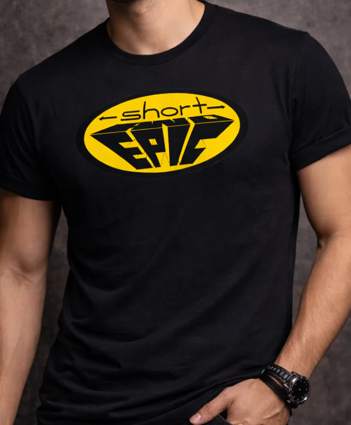 -short- and EPIC logo in yellow tee